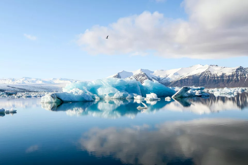 Icebergs et sommets enneigés se reflétant dans une eau calme